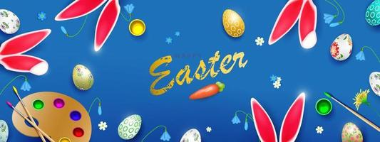 Easter banner with painted eggs, palette with brushes. vector