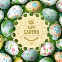 Easter green composition with colorful eggs drawn in a circle, flowers and grass. Light round curly frame with text. vector