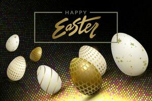 Easter eggs in gold and white shade with pattern, black shade design with bright mosaic. vector