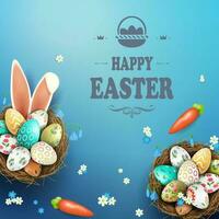 Easter blue card, patterned eggs in the nest, bunny ears. vector