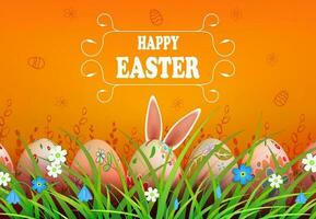 Easter orange composition, rabbit ears, colorful eggs are drawn in the grass with flowers. vector