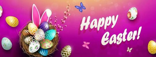 Easter card with nest and eggs, bunny ears. vector