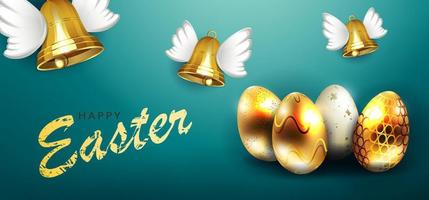 Composition with Easter eggs and golden winged bells. vector