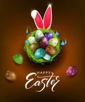 Easter brown card with nest and eggs, bunny ears. vector