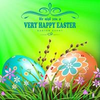 verde composición con Pascua de Resurrección huevos de diferente colores con un patrón, césped flores y sauce rama. vector