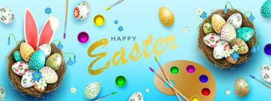 Blue postcard with Easter eggs in the nest, rabbit ears, a palette of paints. vector