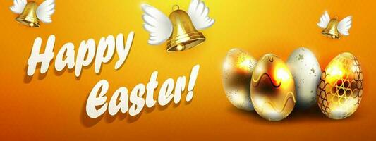 Composition with Easter golden eggs and bells with wings. vector