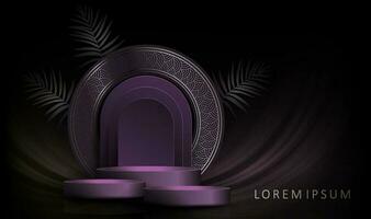 Dark background with a round purple podium, a round frame with a border. vector