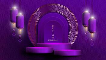 Violet composition with a round frame in gold color, a podium and hanging lanterns. vector