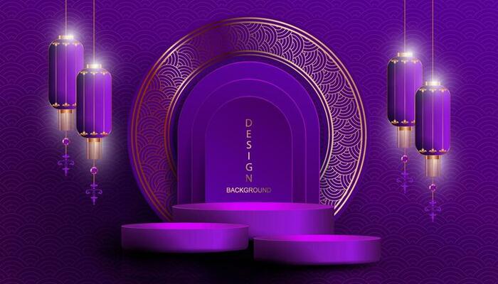Violet composition with a round frame in gold color, a podium and hanging lanterns.