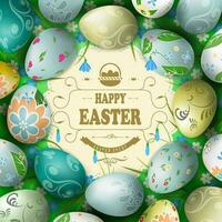 Easter composition with beautiful eggs drawn in a circle, flowers and grass. Light curly frame with braid and text. vector