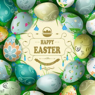 Easter composition with beautiful eggs drawn in a circle, flowers and grass. Light curly frame with braid and text.