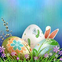 Easter composition in blue with three eggs, rabbit ears, willow branch and flowers. vector