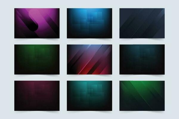 Futuristic background bundle decoration with colorful abstract shapes. Modern backdrop texture set design with empty space. Editable dark background texture collection for multiple uses.