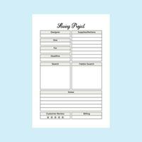 Sewing project log book interior. Fashion designer business notebook and measurement planner template. Journal page interior. Sewing project task tracker and payment logbook interior. vector