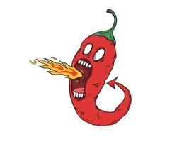 Handdrawn red extremely hot chilli pepper cartoon character on fire vector