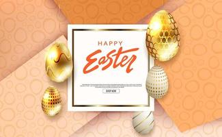 Composition with Easter eggs in gold and white shades with a pattern, square white frame, slanting curtains. vector