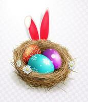 Easter eggs with a pattern in a straw nest with flowers, design element. vector