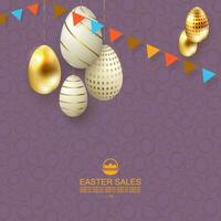 Easter purple card, white and gold eggs on pendants. vector