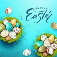 Easter poster with Easter eggs in two nests on a blue background. vector