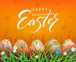 Easter orange composition, patterned eggs are drawn in the grass with flowers. vector