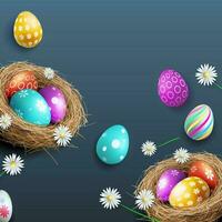 Easter card, eggs with a pattern in the nest, wonderful flowers. vector