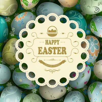 Easter composition with a round curly frame sewn with braid, eggs drawn in a circle in the form of a wreath.