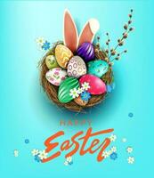 Easter design in blue, nest with eggs, willow twig and bunny ears. vector