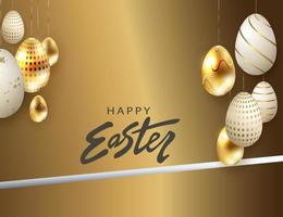 Easter design with brown bias curtains, eggs patterned in gold and white. vector