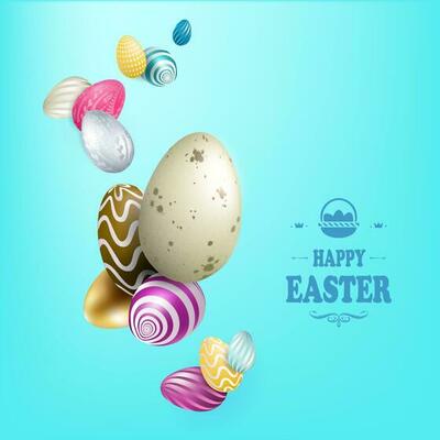 Light blue Easter composition with a set of eggs of various colors.