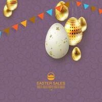 Easter purple card, eggs in white and gold shades with a pattern on the pendants. vector