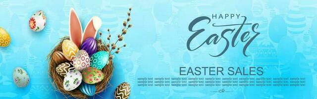 Pascua de Resurrección azul ilustración, huevos en un nido con un hermosa patrón, conejito orejas. vector