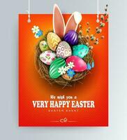 Easter orange design with nest, patterned eggs, bunny ears and willow twig. vector