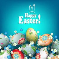 Easter blue composition with eggs with a beautiful different pattern and flowers. vector