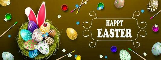 Easter illustration with nest and eggs, bunny ears, brushes and paints. vector