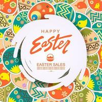 Abstract round white frame, illustration with Easter eggs with a cute pattern. vector