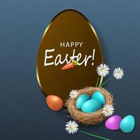 Pascua de Resurrección azul tarjeta con oval marco, huevos en un Paja nido con flores vector