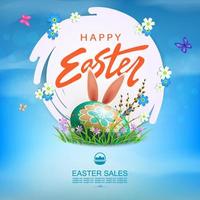 Easter blue card, white abstract frame, egg lies in the grass with flowers. vector