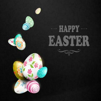 Black easter composition with beautiful eggs with different patterns.