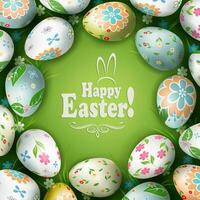 Easter green composition with colorful eggs drawn in a circle, flowers and grass. vector