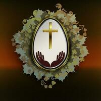 Pascua de Resurrección oscuro composición con un blanco huevo en un oro marco, un cruzar y un silueta de manos, entrelazados siluetas de verde follaje. vector