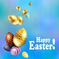 Easter composition of a blue hue with golden eggs with a wonderful pattern drawn like a garland. vector
