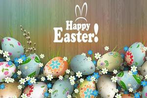 Pascua de Resurrección composición con un silueta de un junta, huevos con un hermosa diverso patrón, flores y sauce rama. vector