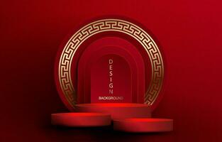 Illustration of a red texture with a scene, a golden round frame with a pattern. vector