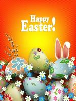 Orange composition with a set of wonderful Easter eggs with a pattern, rabbit ears and a willow twig. vector