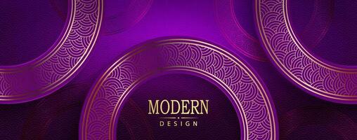 Violet texture background, round frames, border with gold tone pattern. vector