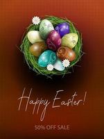 Easter brown card with nest and painted eggs. vector