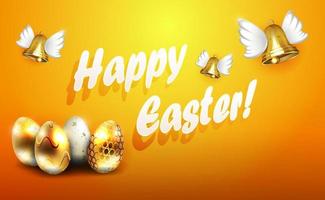 Orange composition with Easter eggs and bells with golden wings. vector