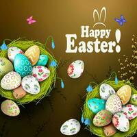 Easter card with nests and eggs, willow branch. vector