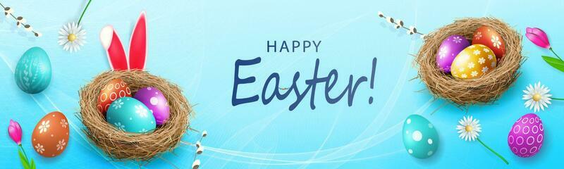 Blue composition with Easter eggs in the nest, great postcard.